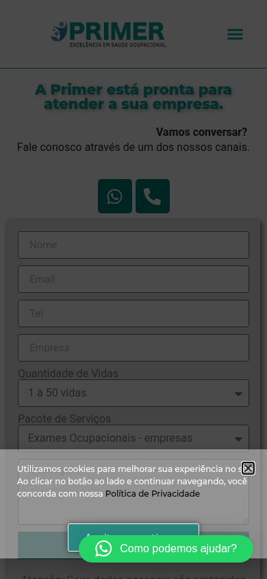 Captura mobile da página de contato da PRIMER