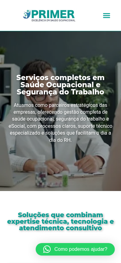 Captura mobile da página de serviços da PRIMER